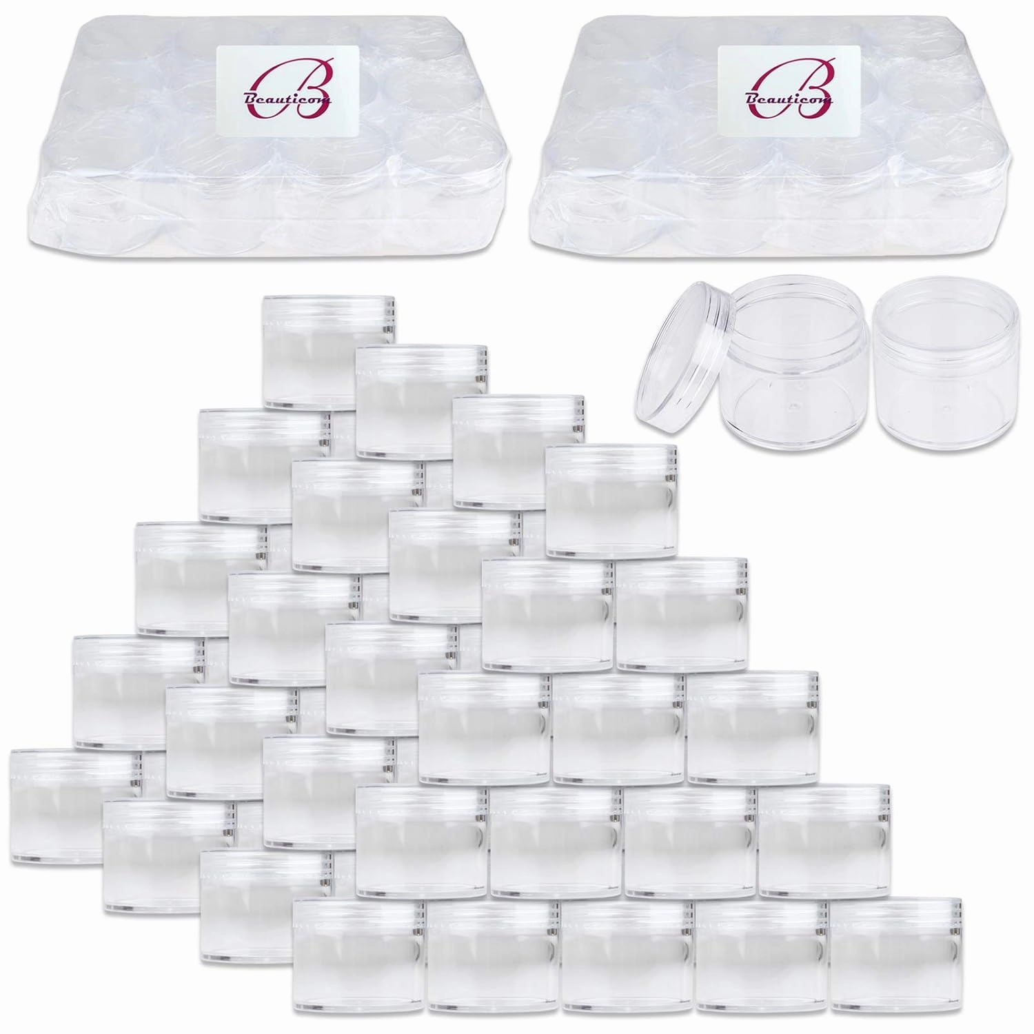 Beauticom 60 Grams/60 ML (2 Oz) Round Clear Leak Proof Plastic Container Jars with Clear Lids for Travel Storage Makeup Cosmetic Lotion Scrubs Creams Oils Salves Ointments (384 Jars)