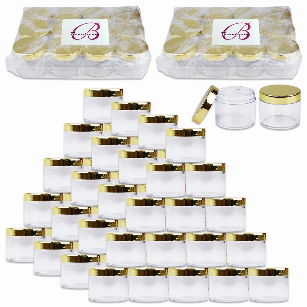 Beauticom 60 Grams/60 ML (2 Oz) Round Clear Leak Proof Plastic Container Jars with Gold Lids for Travel Storage Makeup Cosmetic Lotion Scrubs Creams Oils Salves Ointments (384 Jars)