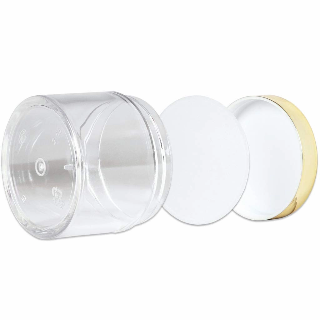 Beauticom 60 Grams/60 ML (2 Oz) Round Clear Leak Proof Plastic Container Jars with Gold Lids for Travel Storage Makeup Cosmetic Lotion Scrubs Creams Oils Salves Ointments (384 Jars)