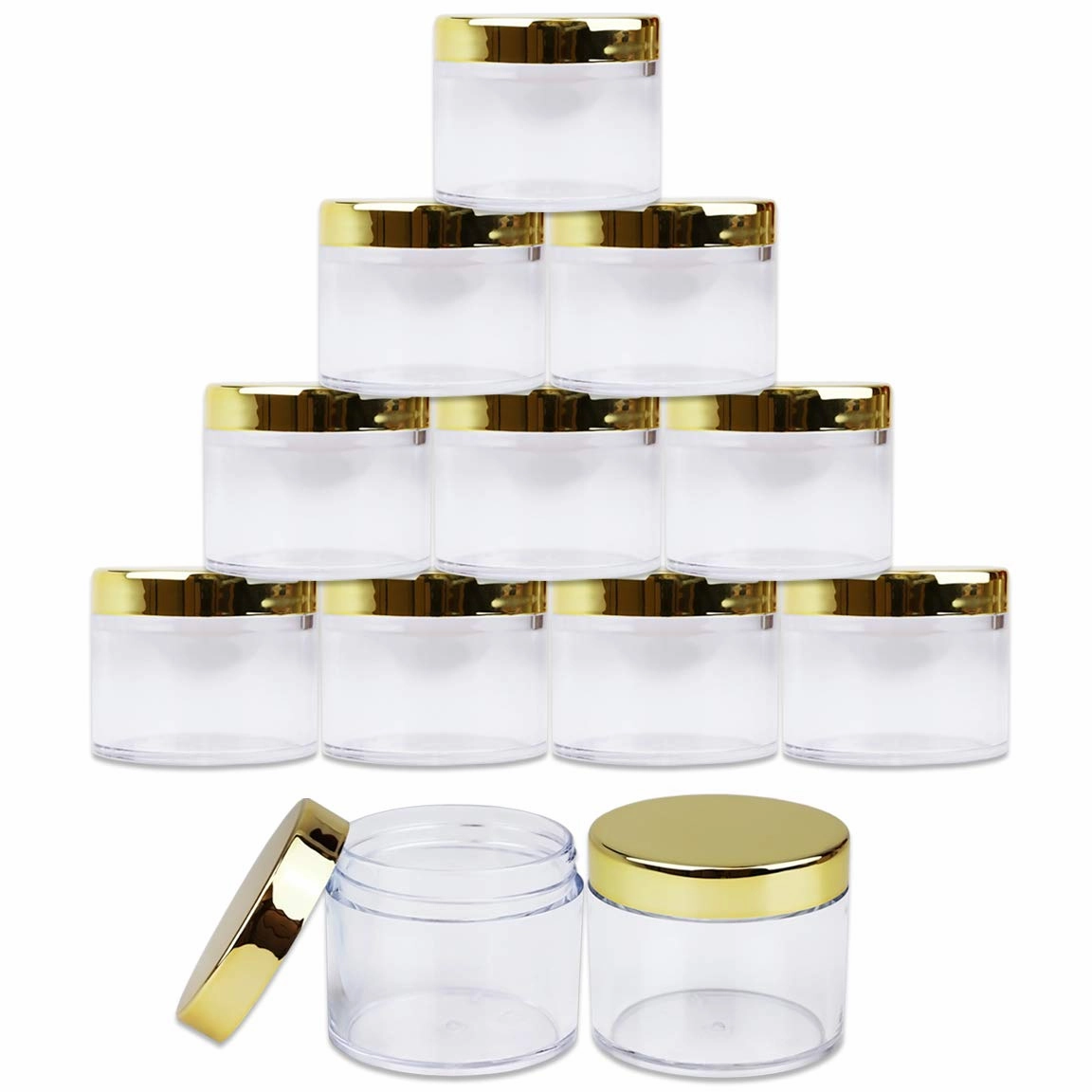 Beauticom 60 Grams/60 ML (2 Oz) Round Clear Leak Proof Plastic Container Jars with Gold Lids for Travel Storage Makeup Cosmetic Lotion Scrubs Creams Oils Salves Ointments (384 Jars)