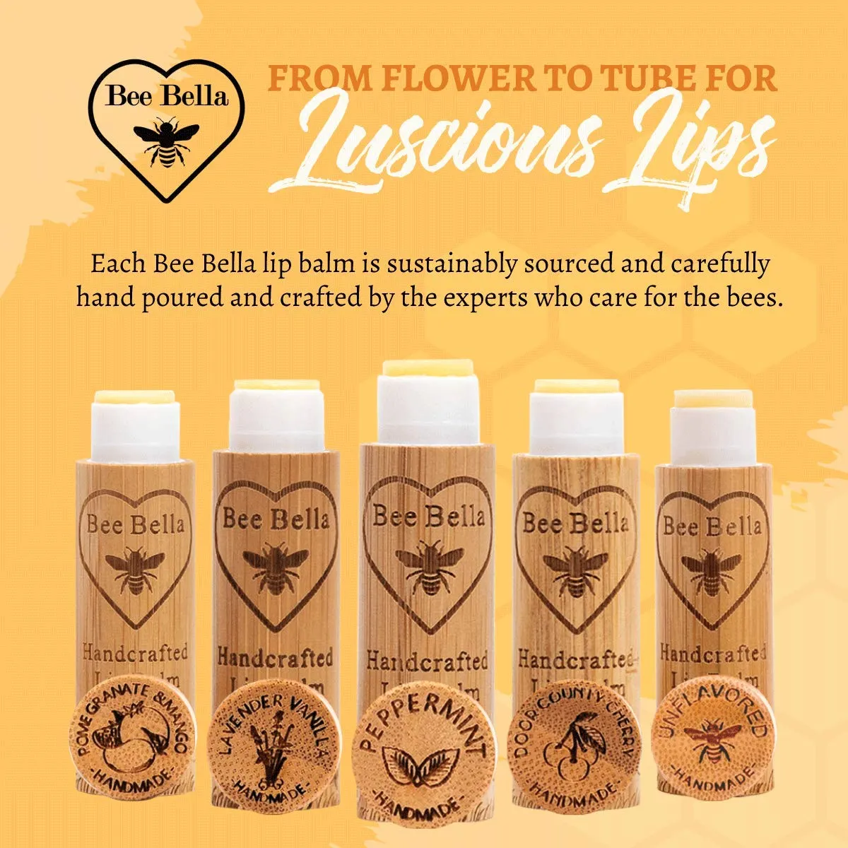 Bee Bella Lip Balm, Peppermint, 3 Pack - Hydrating Lip Care, 100% Natural, Original Organic Beeswax with Vitamin E, Handmade in USA