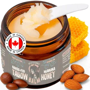 Beef Tallow and Honey Balm for Skin - Grass-Fed, Grass-Finished Face and Body Cream, Moisturizer for Dry Skin and Eczema, Shea Butter, Jojoba, Almond Oil, Beeswax, Unscented, Made in Canada, 2 oz
