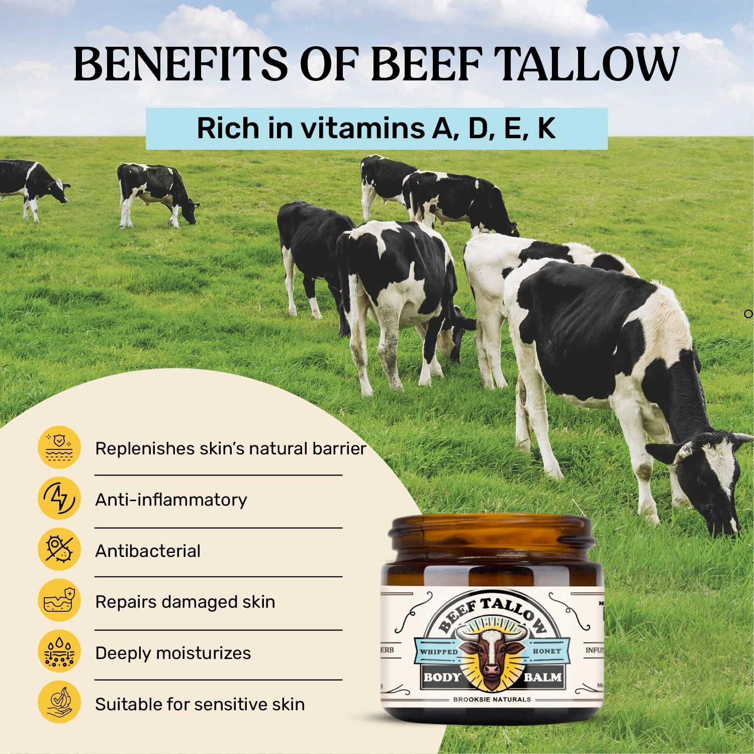 Beef Tallow and Honey Balm for Skin - Moisturizer Cream - 100% Grass Fed Whipped Beef Tallow - Herb Infused - Supports Eczema, Rosacea - Made in USA - Unscented - 2 oz