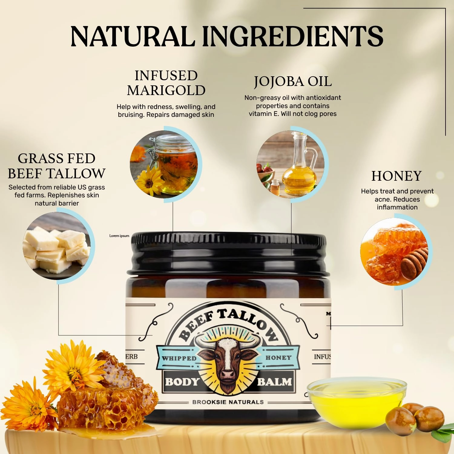 Beef Tallow and Honey Balm for Skin - Moisturizer Cream - 100% Grass Fed Whipped Beef Tallow - Herb Infused - Supports Eczema, Rosacea - Made in USA - Unscented - 2 oz
