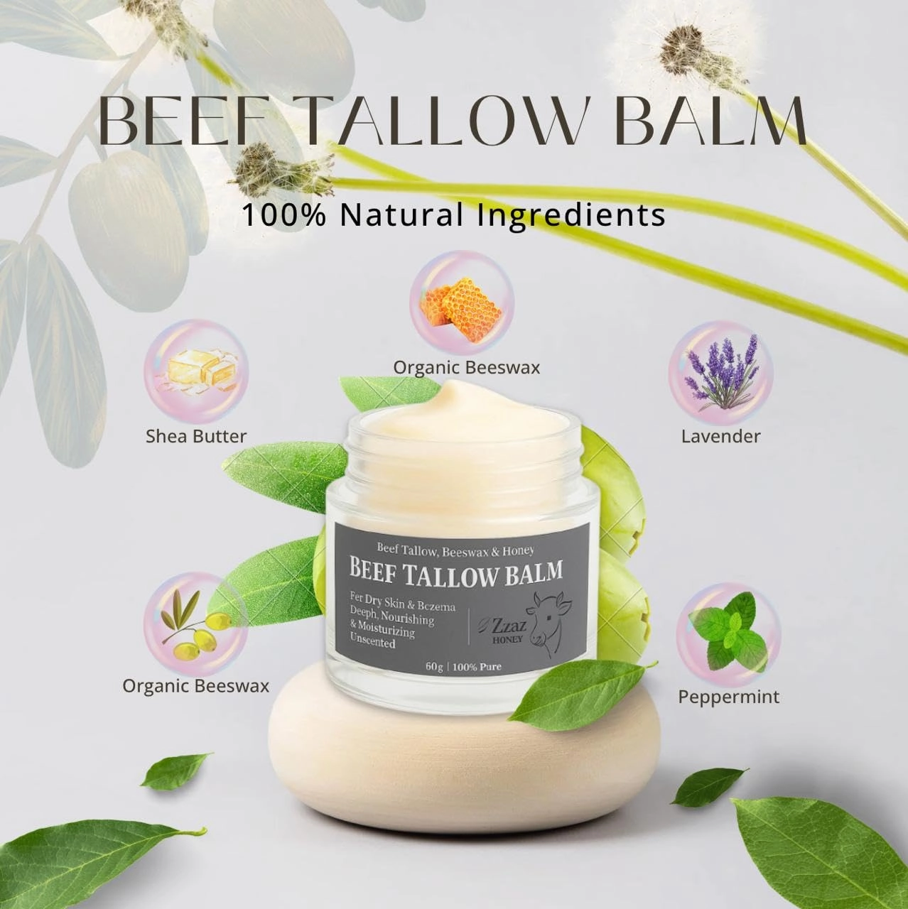 Beef Tallow Balm - 100% Pure Ingredients - Unscented Multipurpose Balm for Skincare - Beef Tallow Moisturizer 4oz/120g