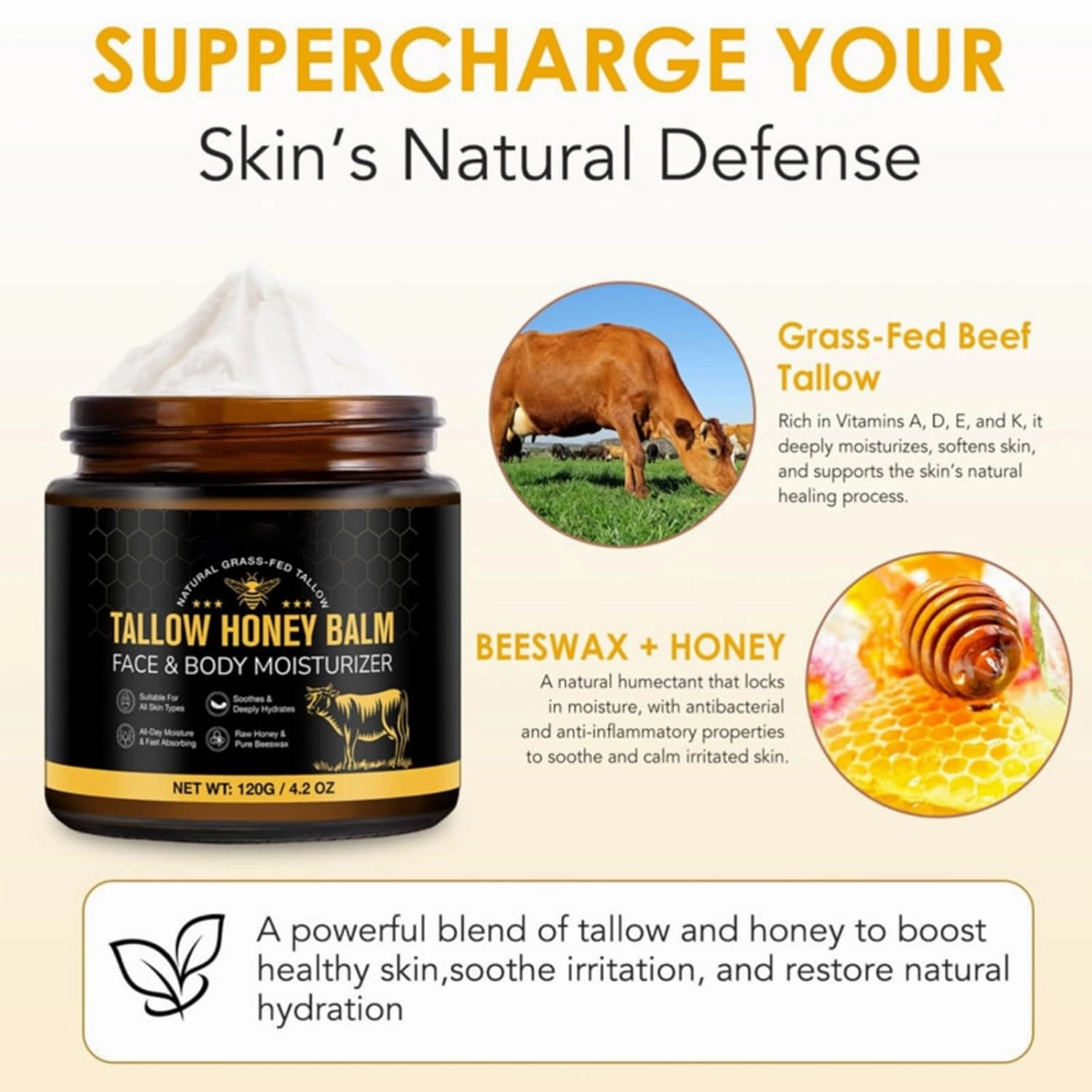 Beef Tallow for Face, Beef Tallow for Skin, Hydrating Balm with Raw Honey and Beeswax, Grass-Fed Beef Raw Wild Honey Blend, Body & Face Moisturizer, Natural Formula, Light Scent (2)