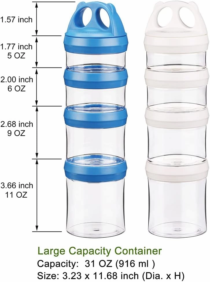 BeneLabel Stackable Food Storage Containers with Twist Lock System - BPA-Free Tritan Containers for Travel, Formula, Protein Powder, Snacks - Leakproof & Dishwasher Safe (Blue and White, 31oz per)