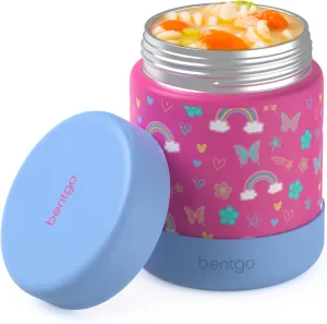 Bentgo Kids Stainless Steel Food Jar - 11oz Leak-Proof Double Insulated Hot or Cold Food Container with Removable Silicone Bumper, Dishwasher Safe, Easy Open Lid, Ages 3  (Rainbows and Butterflies)