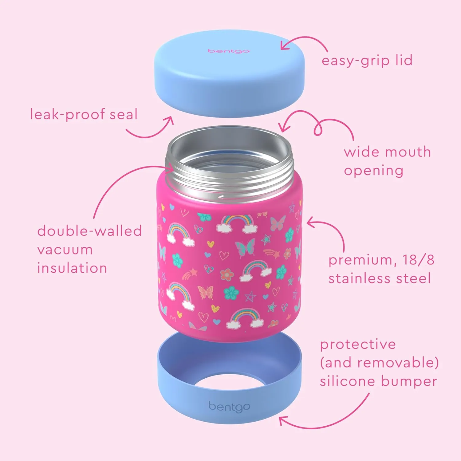 Bentgo Kids Stainless Steel Food Jar - 11oz Leak-Proof Double Insulated Hot or Cold Food Container with Removable Silicone Bumper, Dishwasher Safe, Easy Open Lid, Ages 3  (Rainbows and Butterflies)
