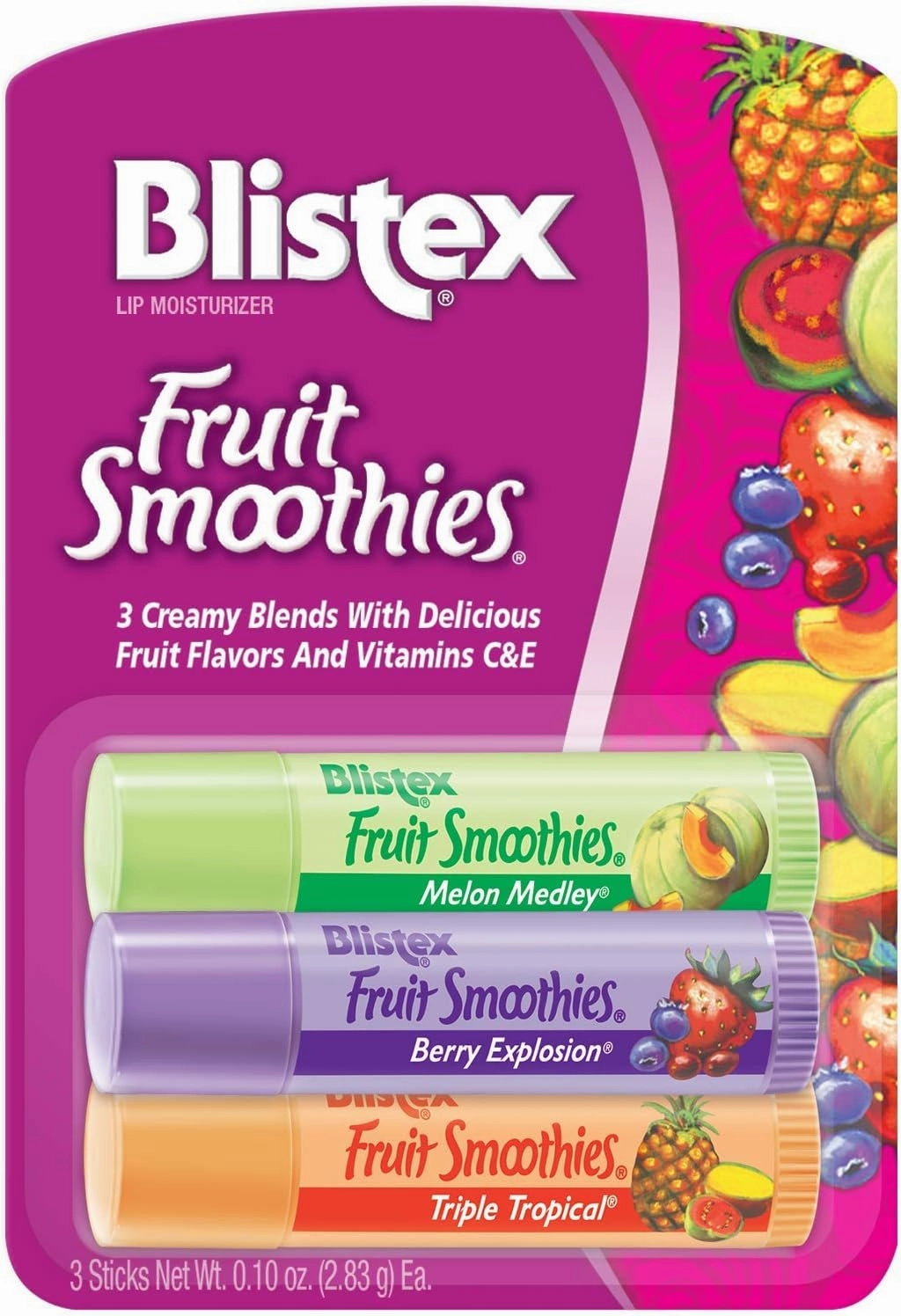 Blistex Fruit Smoothies Lip Balm, (3) 0.10 oz. sticks, Pack of 12