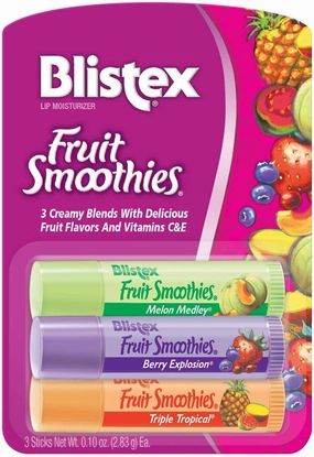 Blistex Lip Moisturizer Fruit Smoothies, 3 Creamy Blends, Melon Medley, Berry Explosion, Triple Tropical, 0.10 oz Each (Pack of 5)