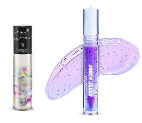 Blossom Juicy Jelly Moisturizing Lip Care Fruit Flavored Nourishing Lip Oil   Zodiac Sign Vanilla Scented Roll On Lip Gloss with Crystals, 2 Pack Bundle, Grape/Virgo