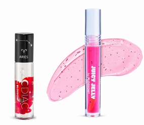 Blossom Juicy Jelly Moisturizing Lip Care Fruit Flavored Nourishing Lip Oil   Zodiac Sign Vanilla Scented Roll On Lip Gloss with Crystals, 2 Pack Bundle, Strawberry/Aries