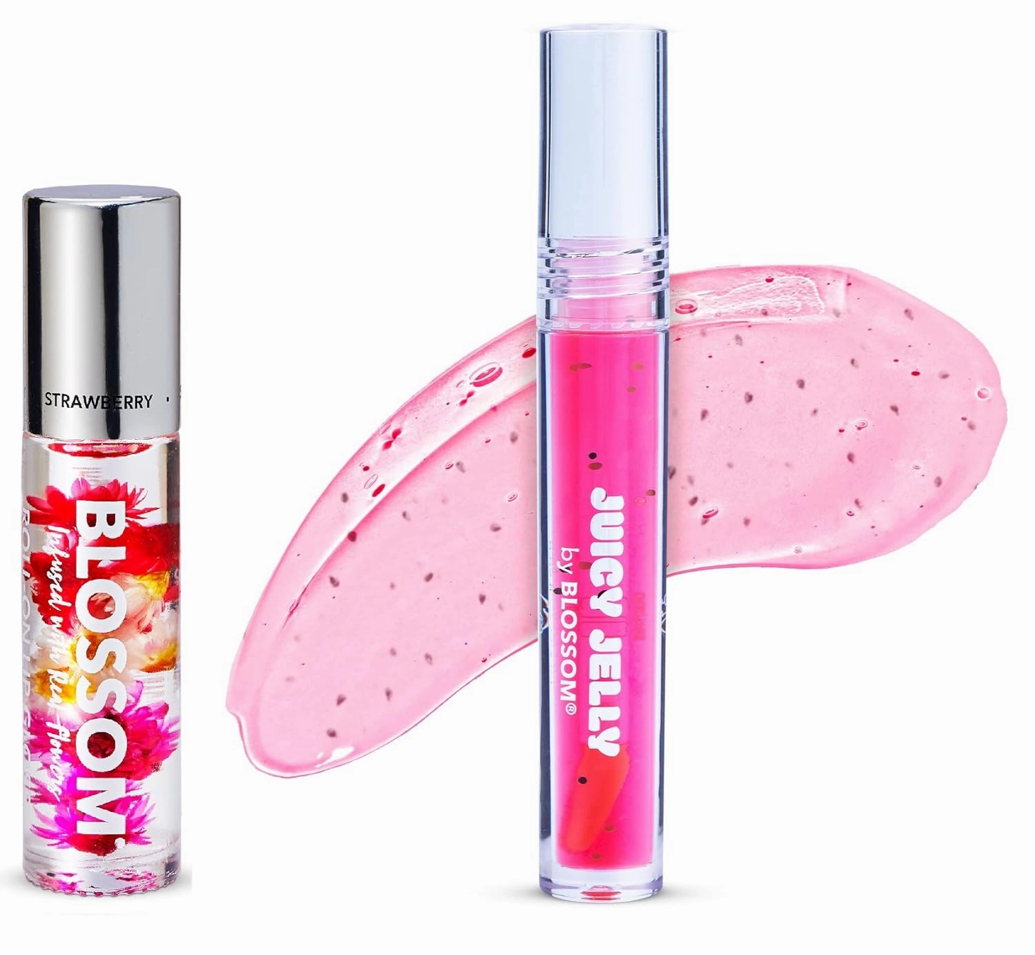 Blossom Scented Roll on Lip Gloss and Juicy Jelly Moisturizing Lip Care Nourishing Lip Oil, 2 Pack, Strawberry