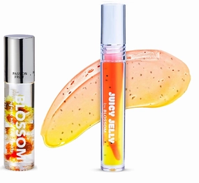 Blossom Scented Roll on Lip Gloss in Passion Fruit and Juicy Jelly Moisturizing Lip Care Nourishing Lip Oil in Papaya, 2 Pack
