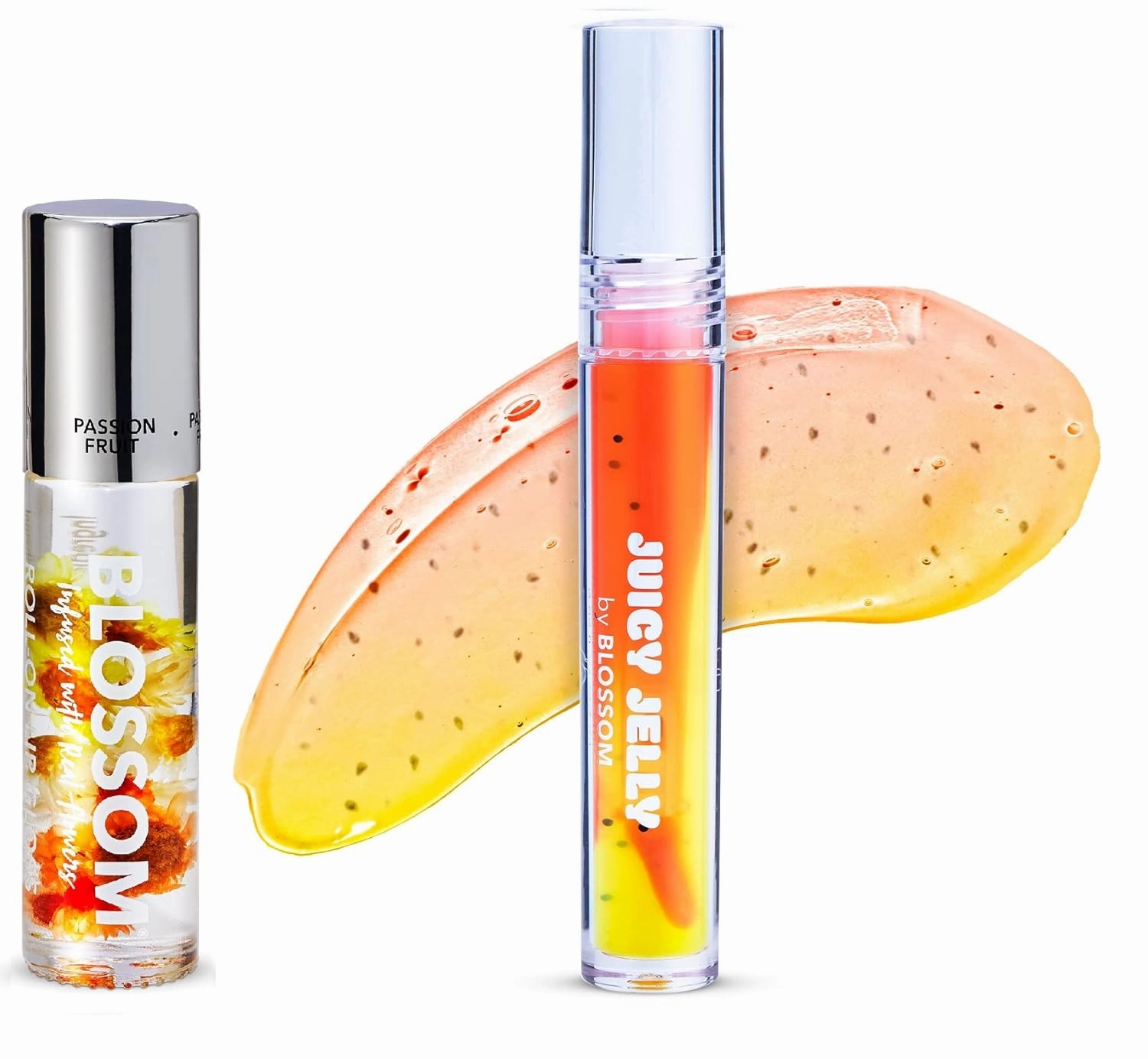 Blossom Scented Roll on Lip Gloss in Passion Fruit and Juicy Jelly Moisturizing Lip Care Nourishing Lip Oil in Papaya, 2 Pack