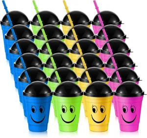 Bokon 24 Pack Smile Face Sipper Cups with Lids and Straws for Kids 12 oz Reusable Plastic Kids Cups with Lids for School Events Birthday Party Supplies, 4 Random Colors