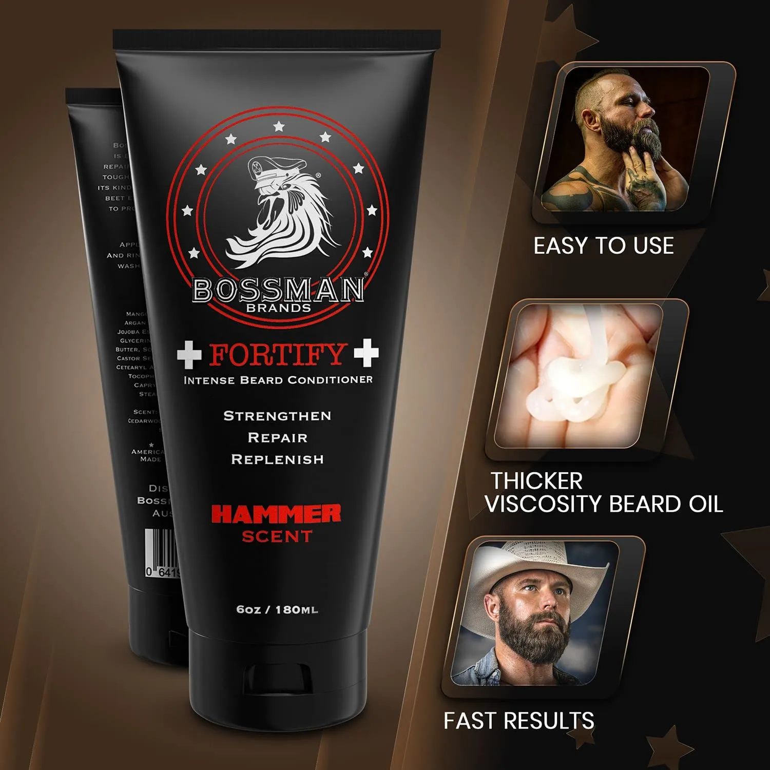 Bossman Fortify Intense Beard Conditioner for Men (Hammer Scent) – Moisturizes, Replenishes & Protects with Natural Ingredients – Thicker Formula, Made in USA