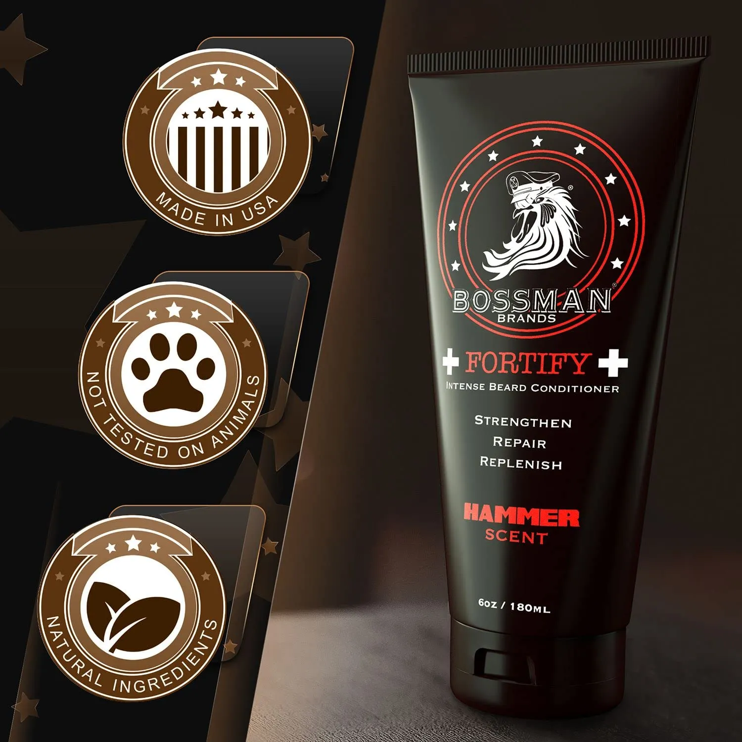 Bossman Fortify Intense Beard Conditioner for Men (Hammer Scent) – Moisturizes, Replenishes & Protects with Natural Ingredients – Thicker Formula, Made in USA
