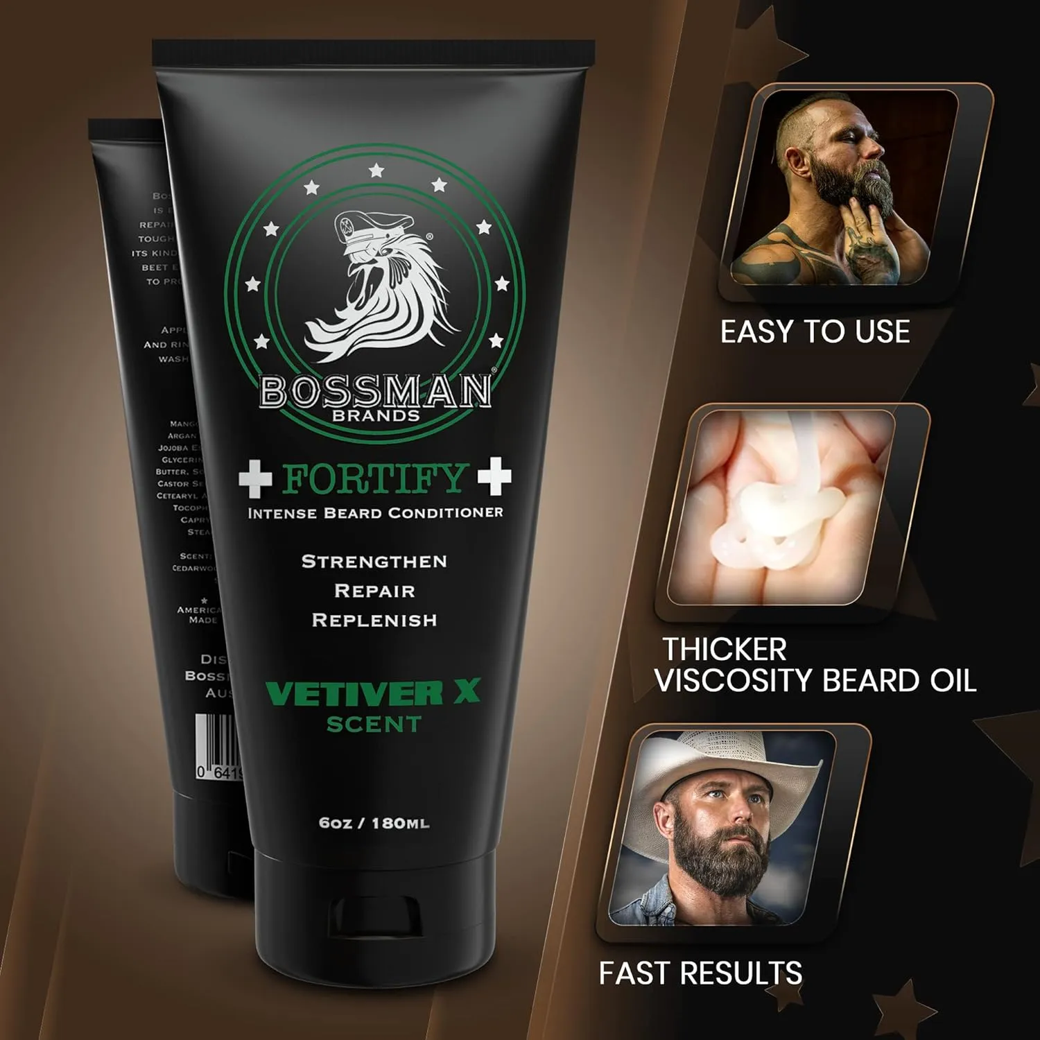 Bossman Fortify Intense Beard Conditioner for Men (Vetiver X Scent) – Moisturizes, Replenishes & Protects with Natural Ingredients – Thicker Formula, Made in USA