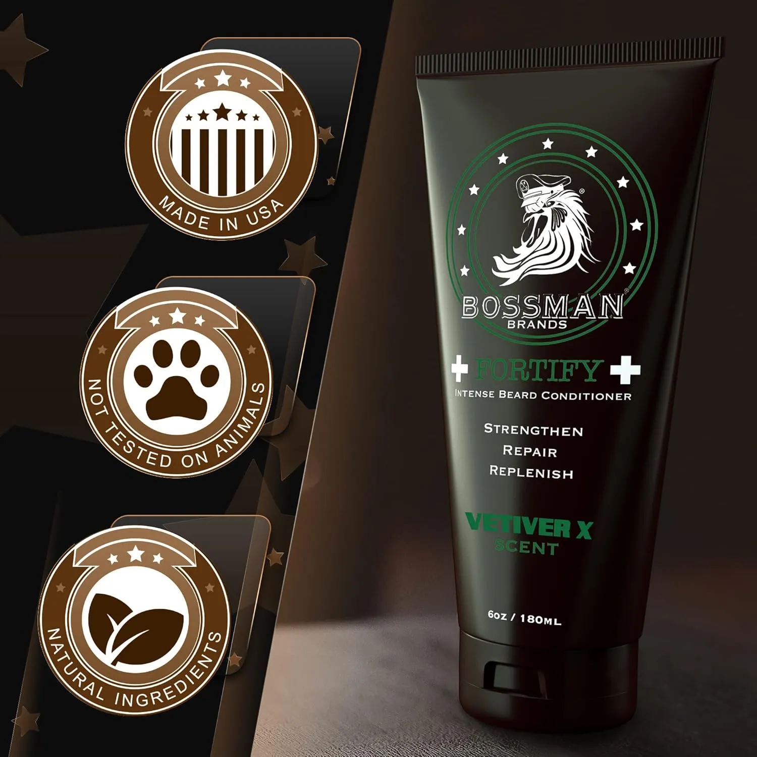 Bossman Fortify Intense Beard Conditioner for Men (Vetiver X Scent) – Moisturizes, Replenishes & Protects with Natural Ingredients – Thicker Formula, Made in USA