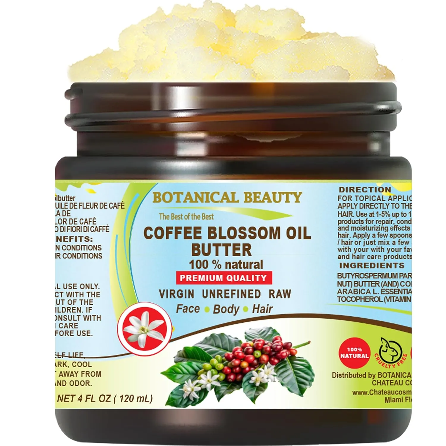 Botanical Beauty COFFEE BLOSSOM OIL BUTTER 100% Natural 4 Fl.oz.- 120 ml. Coffee Blossom Essential Oil in Shea Nut Butter for FACE, SKIN, BODY, HAIR, NAILS. Beauty Skin Moisturizer Oil Butter
