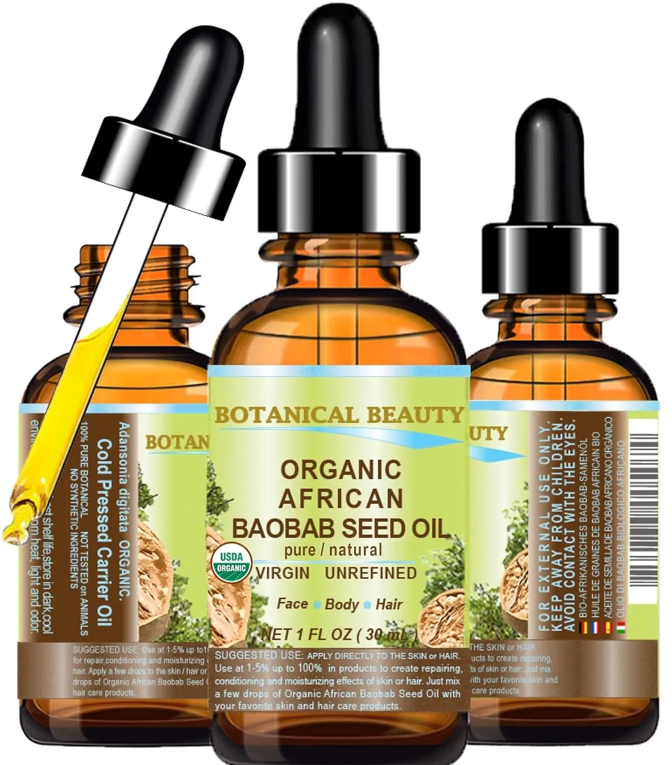 Botanical Beauty Organic BAOBAB SEED OIL 100% Pure Natural Refined Cold-pressed Carrier Oil 1 Fl oz 30 ml For Face, Skin, Body, Hair, Lip, Nails. Rich in vitamin C, Vitamin E