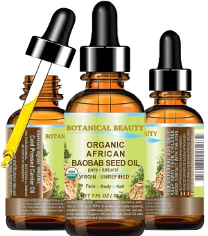 Botanical Beauty Organic BAOBAB SEED OIL 100% Pure Natural Refined Cold-pressed Carrier Oil 1 Fl oz 30 ml For Face, Skin, Body, Hair, Lip, Nails. Rich in vitamin C, Vitamin E