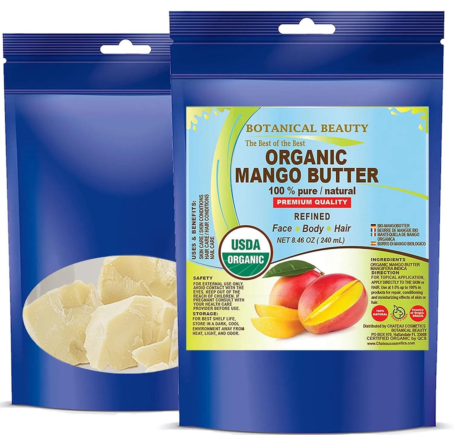Botanical Beauty Organic MANGO BUTTER RAW 100% Pure Natural VIRGIN REFINED 8.46 oz - 240 gram for Face, Skin, Hair, Body, Nails. Skin Moisturizer. for Lotions, Cream. Rich in Vitamin E