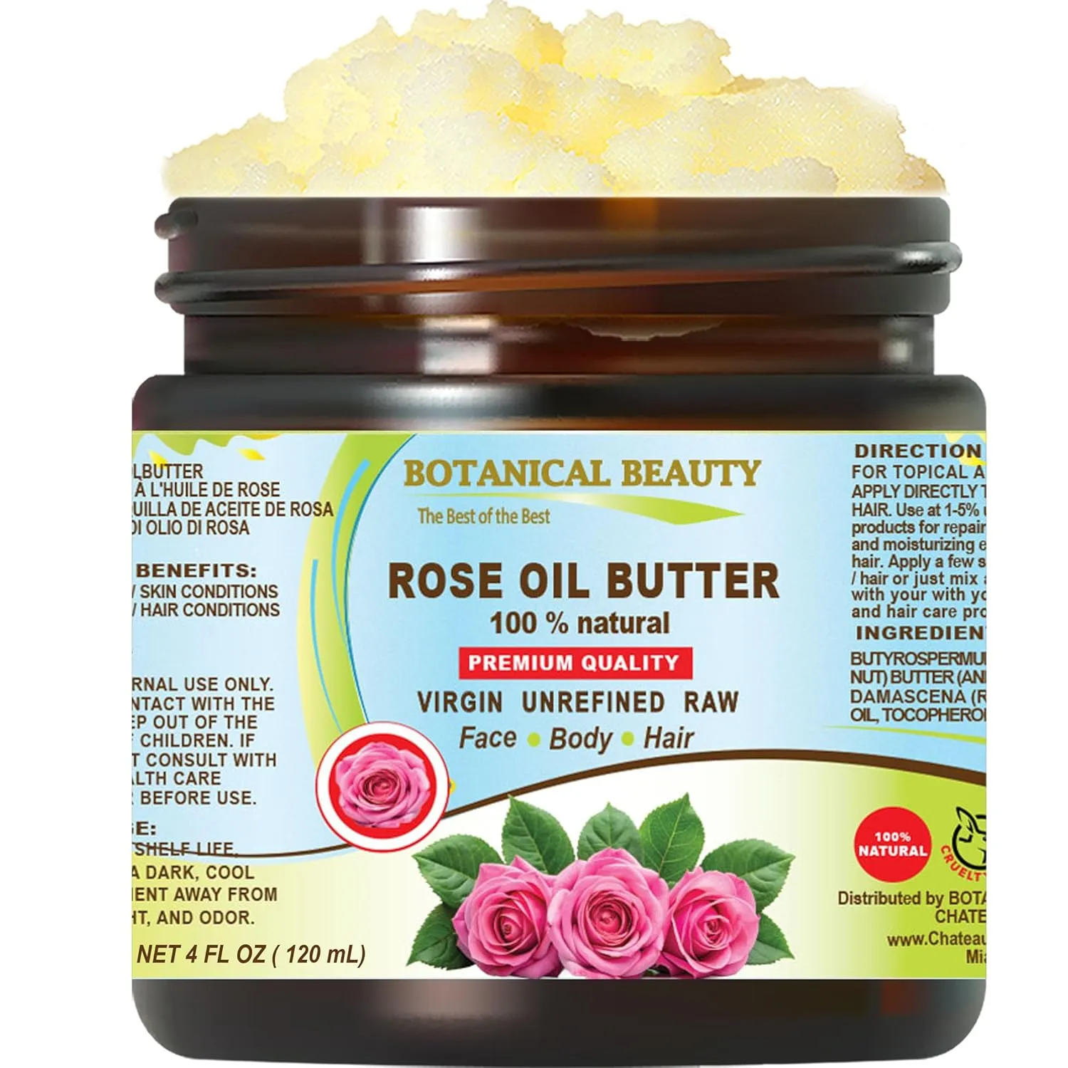 Botanical Beauty ROSE OIL BUTTER 100% Natural Rose Essential Oil in Shea Nut Butter for FACE SKIN BODY HAIR NAILS Beauty Skin Moisturizer Oil Butter Skin Nourishing (4 Fl Oz 120 ml)