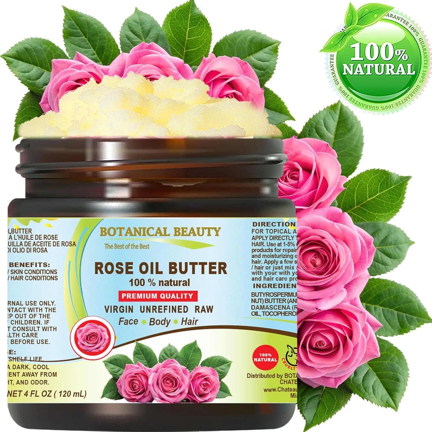 Botanical Beauty ROSE OIL BUTTER 100% Natural Rose Essential Oil in Shea Nut Butter for FACE SKIN BODY HAIR NAILS Beauty Skin Moisturizer Oil Butter Skin Nourishing (4 Fl Oz 120 ml)