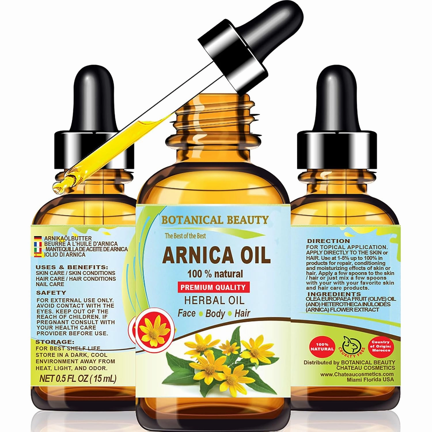 Botanical Beauty ARNICA OIL Arnica Montana Herbal Oil 100% Natural for FACE, SKIN, BODY, HAIR, NAILS 0.5 Fl.oz.- 15 ml Skin Moisturizer Oil, Skin Nourishing Oil