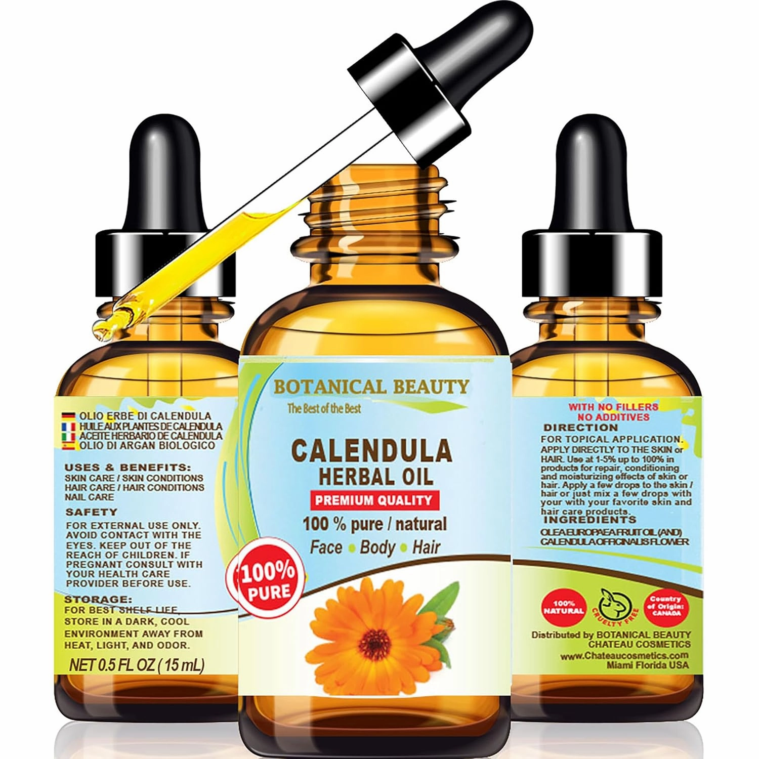 Botanical Beauty CALENDULA HERBAL OIL Calendula Officinalis Marigold Oil 100% Natural for FACE, SKIN, BODY, HAIR, NAILS, Foot Care. 0.5 Fl.oz.- 15 ml