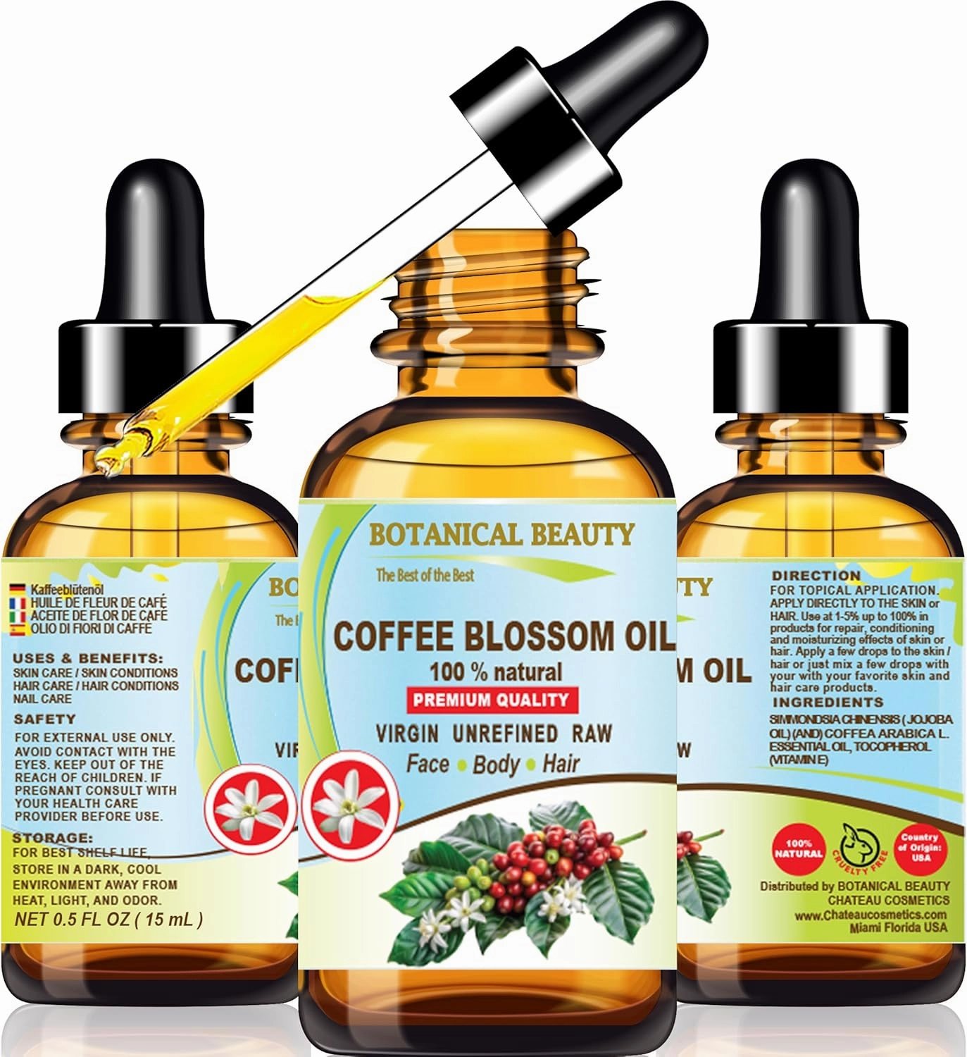 Botanical Beauty COFFEE BLOSSOM OIL 100% Natural 0.5 Fl.oz.- 15 ml. Coffee Essential Oil for FACE, SKIN, BODY, HAIR, NAILS Beauty Skin Moisturizer Oil, Skin Nourishing Oil, Perfume making, Soap making