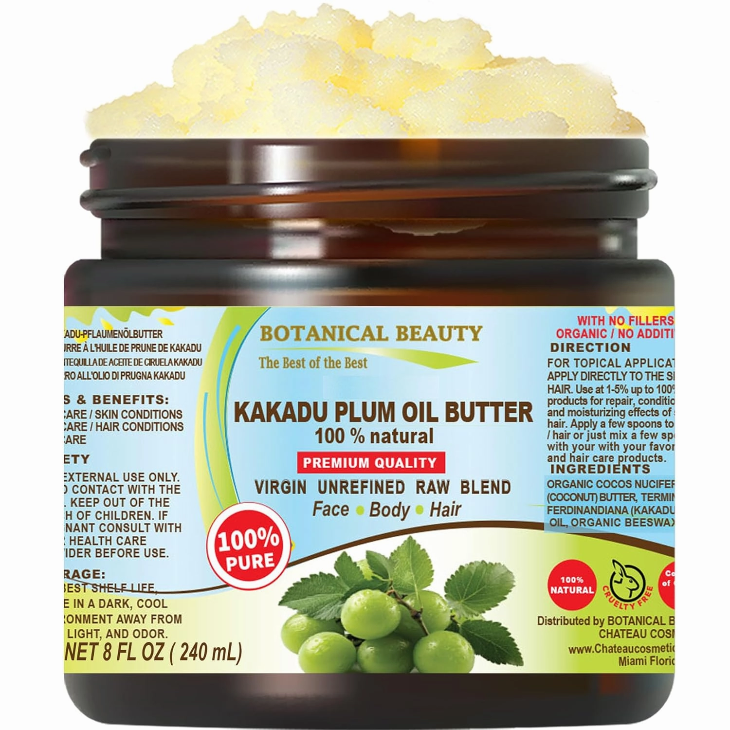 Botanical Beauty KAKADU PLUM OIL BUTTER Pure Natural Virgin Unrefined RAW 8 Fl. Oz.- 240 ml for FACE, SKIN, BODY, DAMAGED HAIR, NAILS