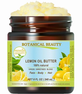 Botanical Beauty LEMON OIL BUTTER 100% Natural Pure VIRGIN UNREFINED RAW Cold Pressed. Lemon essential Oil, Shea Nut Butter Butyrospermum Parkii. 8 Fl oz - 240 ml. for Face, Skin, Body, Hair, Nails