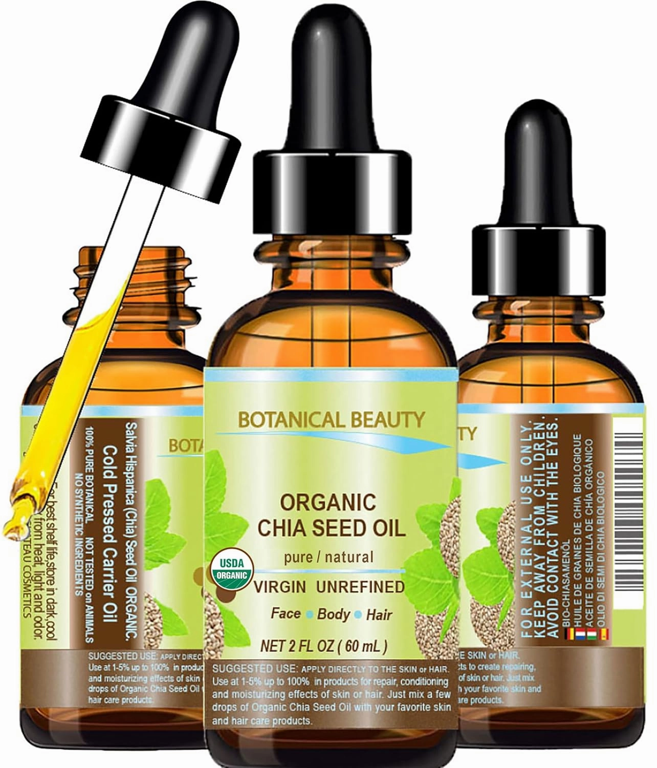 Botanical Beauty Organic CHIA SEED OIL 100% Pure Natural Virgin Unrefined Cold-Pressed Carrier Oil 2 Fl oz 60 ml for Face, Skin, Body, Hair, Lip, Nails. Rich in Vitamin E