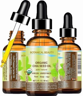 Botanical Beauty Organic CHIA SEED OIL 100% Pure Natural Virgin Unrefined Cold-Pressed Carrier Oil 2 Fl oz 60 ml for Face, Skin, Body, Hair, Lip, Nails. Rich in Vitamin E
