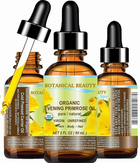 Botanical Beauty Organic EVENING PRIMROSE OIL 100% Pure Natural Undiluted Unrefined Virgin Cold Pressed Carrier Oil. 2 Fl.oz.- 60 ml for face, skin, hair, nails