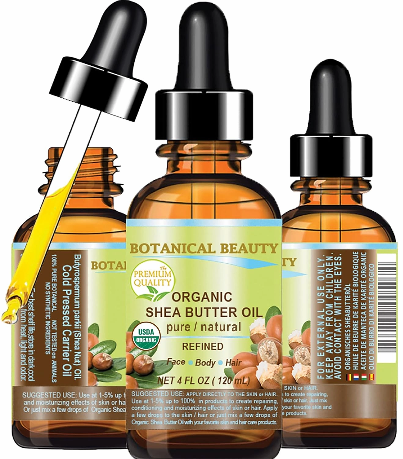 Botanical Beauty ORGANIC SHEA BUTTER OIL 100% Pure Natural Undiluted Refined Cold Pressed Carrier Oil. 4 Fl.oz.- 120 ml. for Face, Skin, Hair, Lip, Nails. African Shea (Karite) Nut Oil