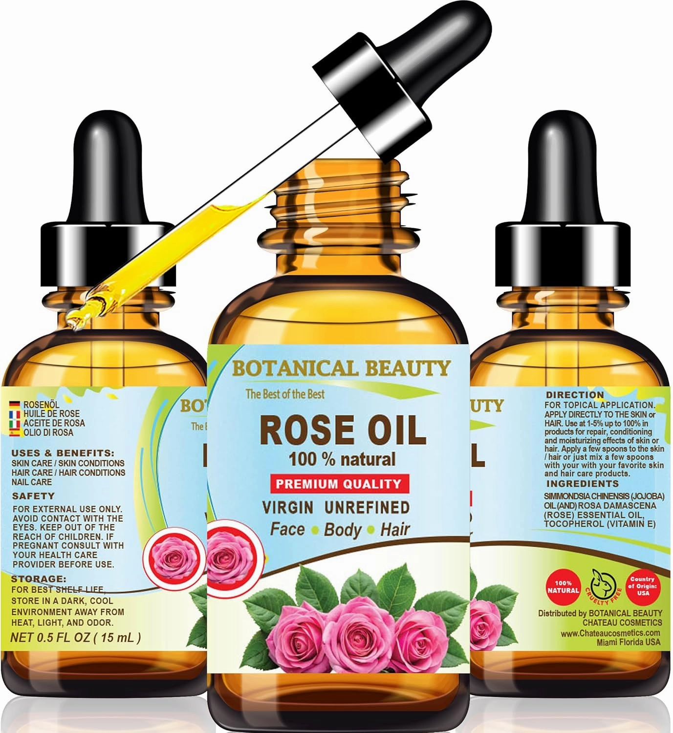Botanical Beauty Rose Oil Rosa Damascena 100% Natural 0.5 Fl oz - 15 ml Rose Essential Oil for FACE, Skin, Body, Hair, Nails Beauty Oil, Skin Moisturizer Oil, Nourishing Oil, Perfume, Soap Making