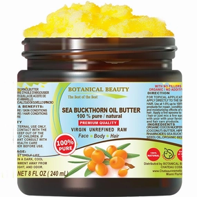 Botanical Beauty SEA BUCKTHORN OIL BUTTER Pure Natural Virgin Unrefined RAW 8 Fl. Oz.- 240 ml for FACE, SKIN, BODY, DAMAGED HAIR, NAILS, Anti-Aging. omega-3, 6, 7, 9, vitamins C