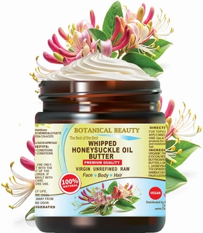 Botanical Beauty Whipped HONEYSUCKLE OIL BUTTER 100% Natural Pure RAW. Cocoa Butter, Shea Nut Butter, Honeysuckle Essential Oil Virgin Unrefined Cold Pressed for FACE, SKIN, BODY. (8 Fl Oz 240 ml)