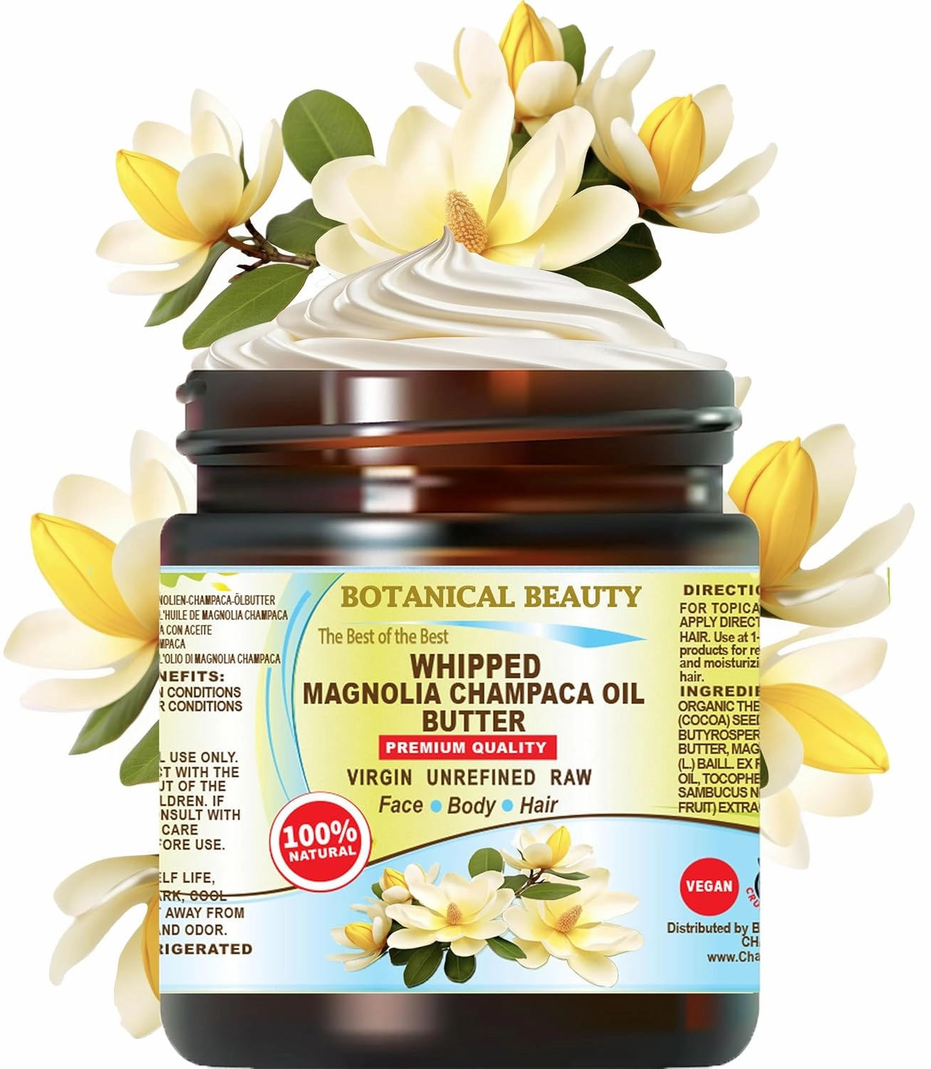 Botanical Beauty Whipped MAGNOLIA CHAMPACA OIL BUTTER 100% Natural Pure RAW Cocoa Butter, Shea Nut Butter, Magnolia Champaca Essential Oil Virgin Unrefined for FACE, SKIN, BODY. (4 Fl Oz 120 ml)