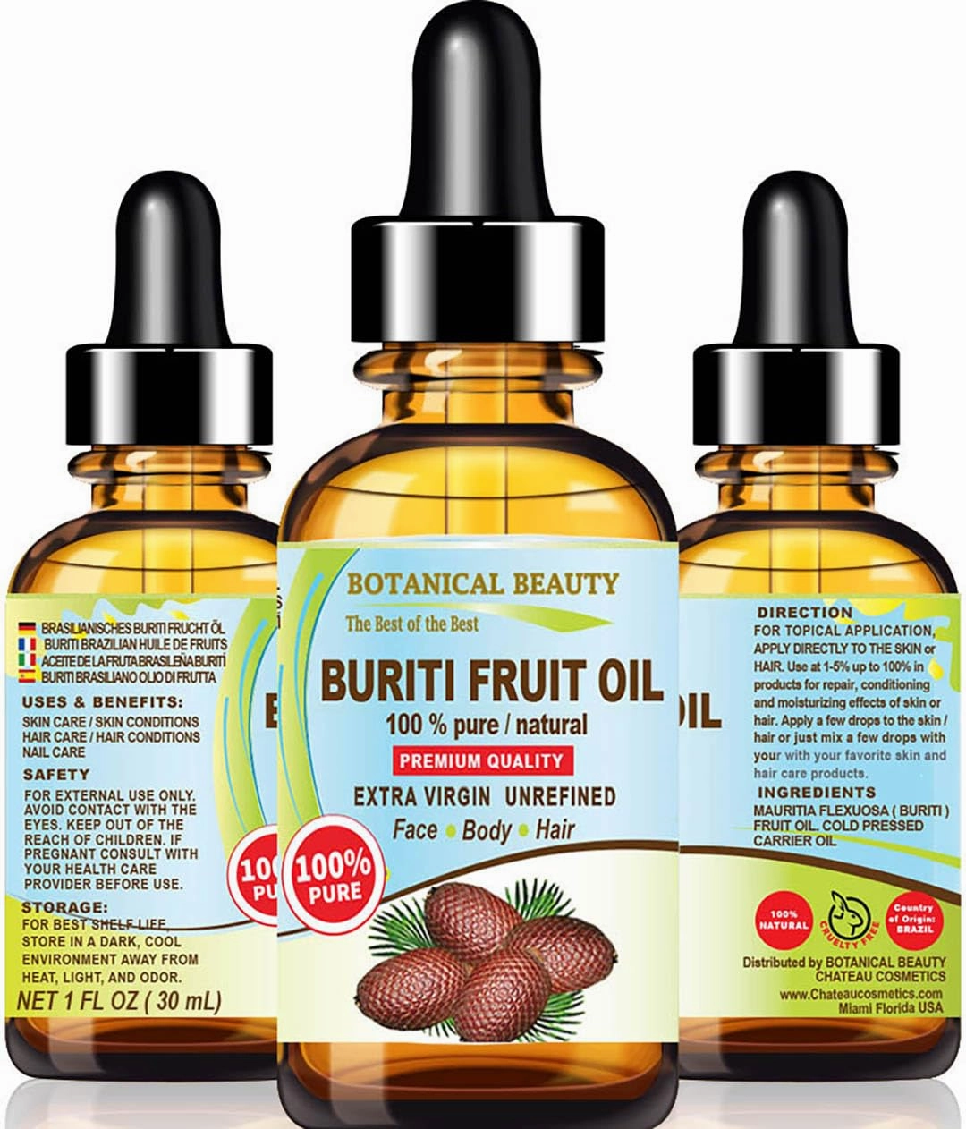 Brazilian BURITI FRUIT OIL 100% Pure Natural Virgin Unrefined Cold Pressed Carrier Oil Undiluted 1 fl.oz-30 ml for Face, Body, Hair, Lip, Nails by Botanical Beauty