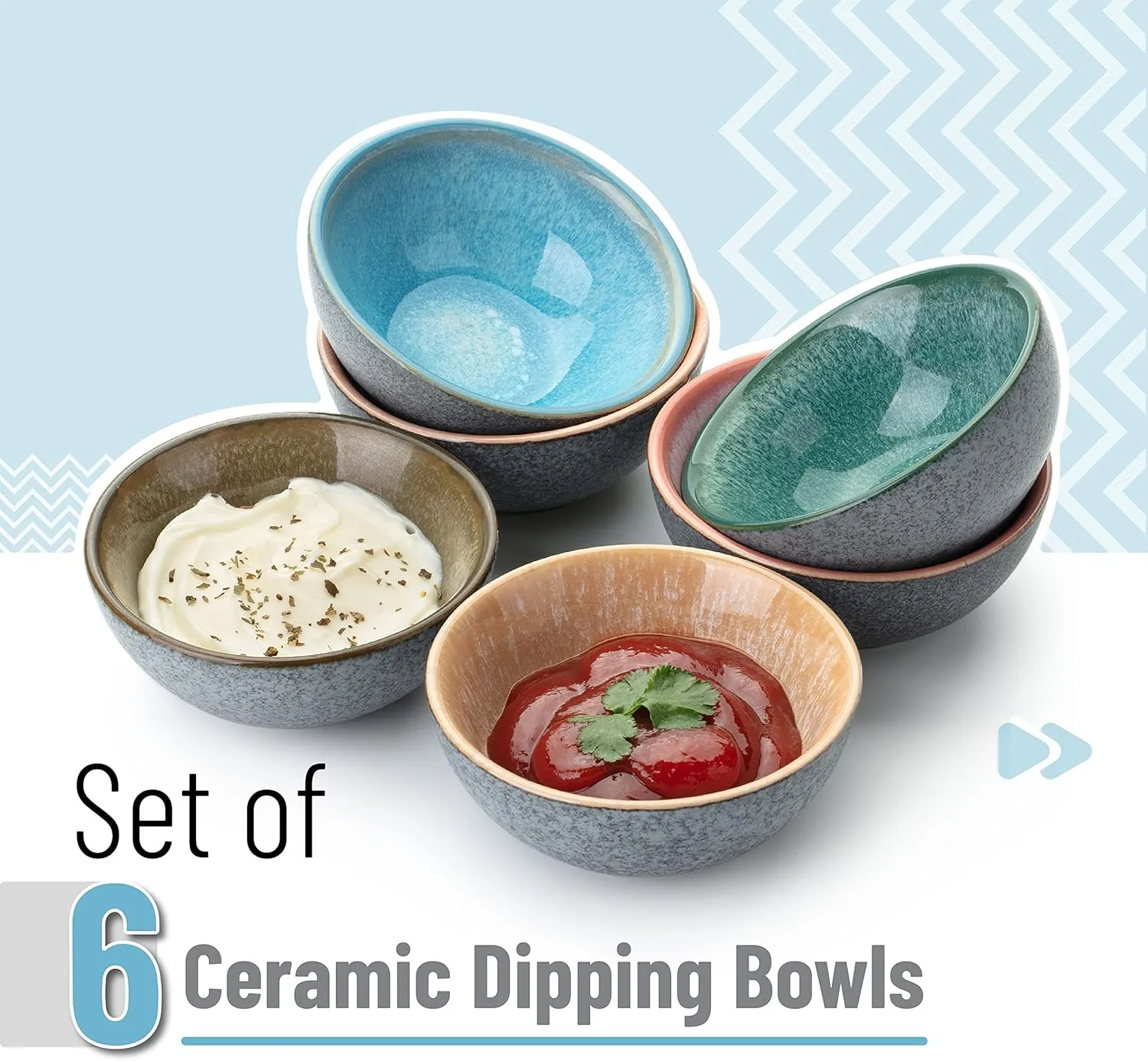 Brew To A Tea BTaT- Ceramic Dipping Bowls, 3.5 Oz, Set of 6, Colorful Small Bowls, Soy Sauce Dish, Dip Bowls, Sauce Bowls, Mini Bowls, Condiment Bowls, Small Bowls for Dipping