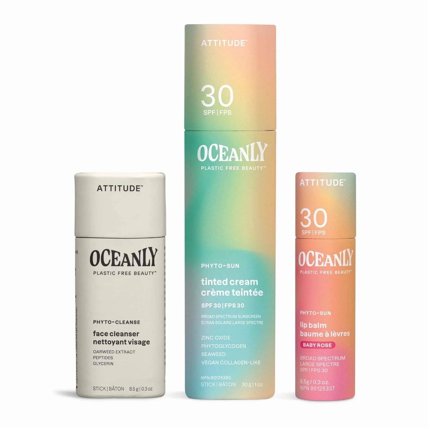 Bundle of ATTITUDE Oceanly Tinted Lip Balm with SPF 30, Plastic-Free, Baby Rose, 0.3 Oz   Tinted Face Cream with SPF 30, Universal Tint, 1 Oz   Face Cleanser, PHYTO CLEANSE, Unscented, 0.3 Oz