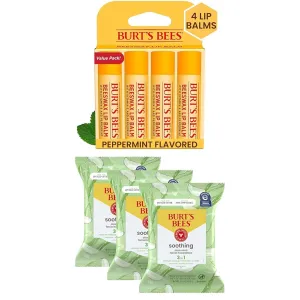 Burt's Bees Bundle - Original Beeswax Lip Balm, 4 Tubes, 0.15 oz.   Aloe Vera Face Wipes, for Sensitive Skin, Makeup Remover & Facial Cleansing Towelettes, 30 Ct. (3-Pack)