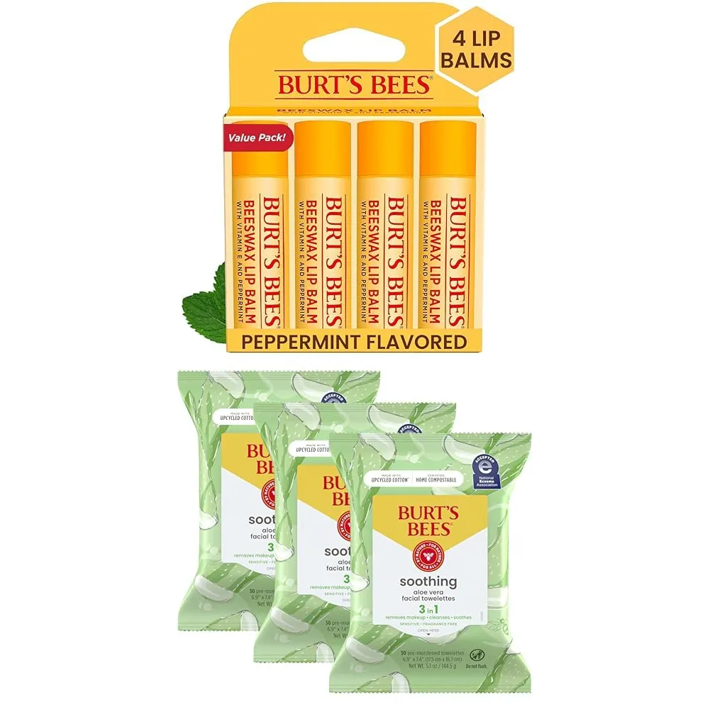 Burt's Bees Bundle - Original Beeswax Lip Balm, 4 Tubes, 0.15 oz.   Aloe Vera Face Wipes, for Sensitive Skin, Makeup Remover & Facial Cleansing Towelettes, 30 Ct. (3-Pack)