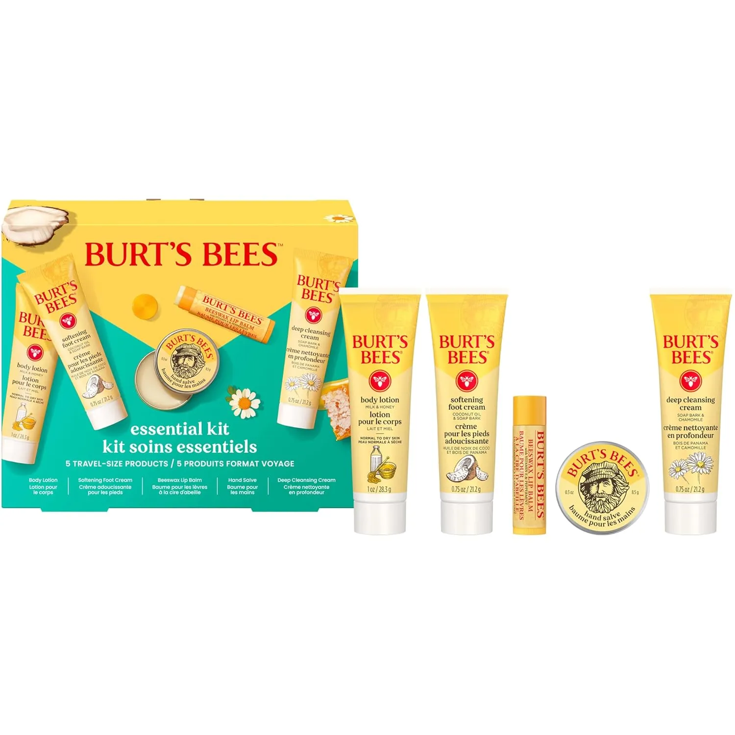 Burt's Bees Gift Ideas - Essentials Everyday Set, 5 Travel Size Products - Deep Cleansing Cream, Hand Salve, Body Lotion, Foot Cream and Original Lip Balm